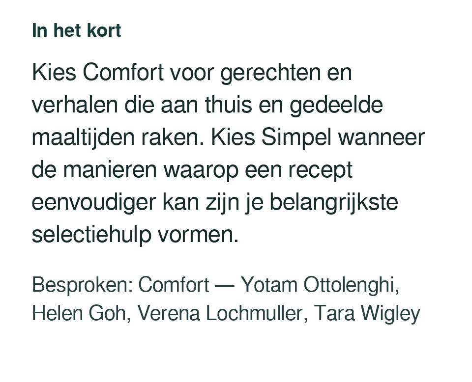 Kies Comfort voor gerechten en verhalen die aan thuis en gedeelde maaltijden raken. Kies Simpel wanneer de manieren waarop een recept eenvoudiger kan zijn je belangrijkste selectiehulp vormen. Besproken: Comfort — Yotam Ottolenghi, Helen Goh, Verena Lochmuller, Tara Wigley.