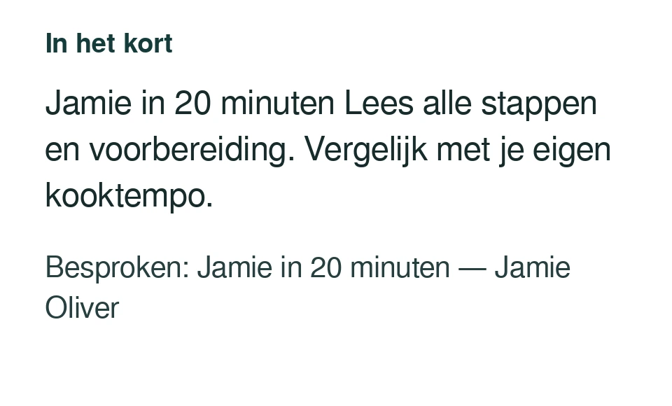 Jamie in 20 minuten Lees alle stappen en voorbereiding. Vergelijk met je eigen kooktempo. Besproken: Jamie in 20 minuten — Jamie Oliver.